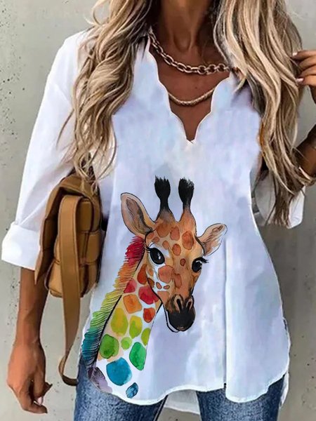 

Animal Printed Casual Shift Shirts & Tops, White, Long sleeve tops