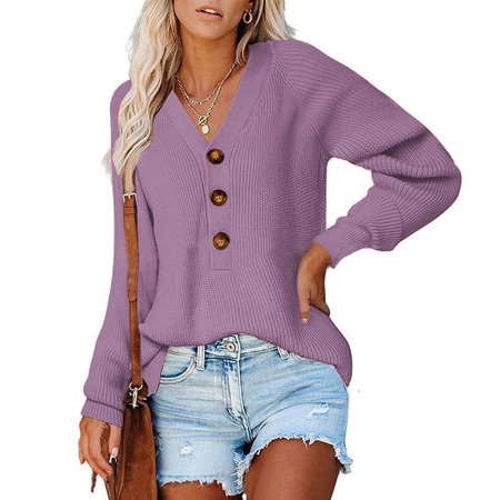 V Neck Casual Long Sleeve Sweater, Purple, Sweaters & Cardigans