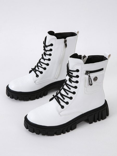 

Retro Simple Lace-up Zipper Boots, White, Boots