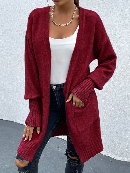 

Mid-long Shift Simple Solid Long Sleeve Sweater, Wine red, Cardigans