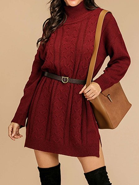 

Casual Knitted Long Sleeve Turtleneck Dresses, Wine red, Mini Dresses