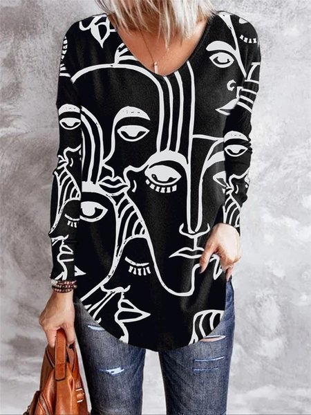 

V Neck Casual Printed Long Sleeve Shirts & Tops, Black, Blouses & Shirts