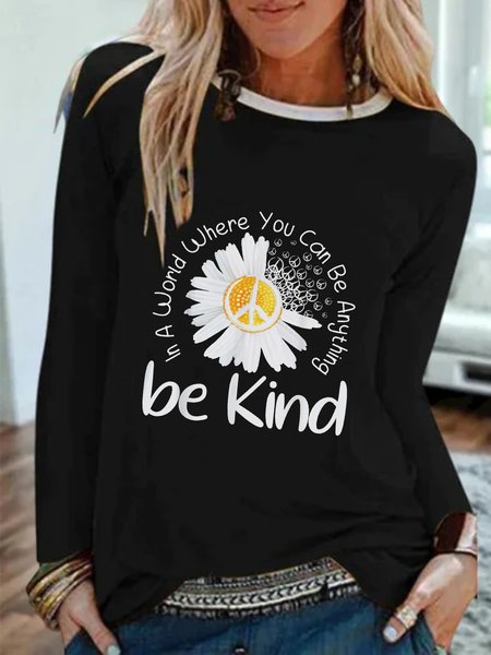 

Casual Long Sleeve Round Neck Plus Size Printed Tops T-shirts, Black, T-Shirts