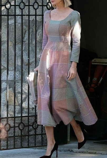 

Long Sleeve Square Neck Plaid Elegant Dress, As picture, Midi Dresses