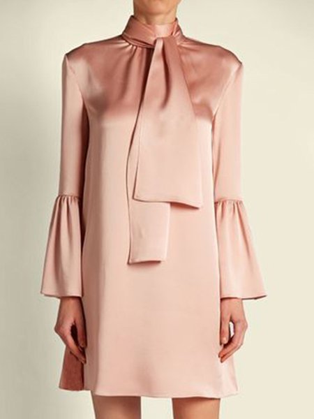 

Long Sleeve Solid Vintage Shift Dresses, Pink, Mini Dresses