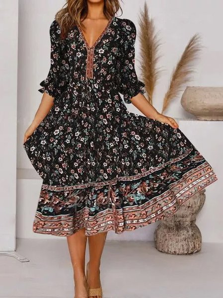 

A-line Di base Maniche Lunghe Abito, Multicolore, Midi Dresses