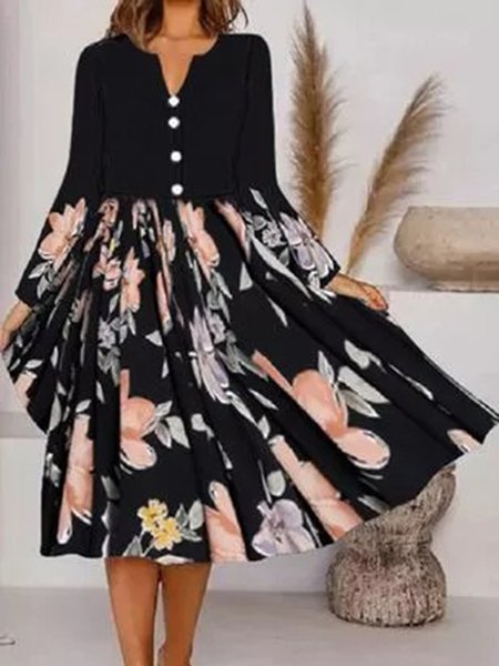 

Nero Stampata Floreale Scollo a V Casuale Maniche Lunghe A-line Abito, Midi Dresses