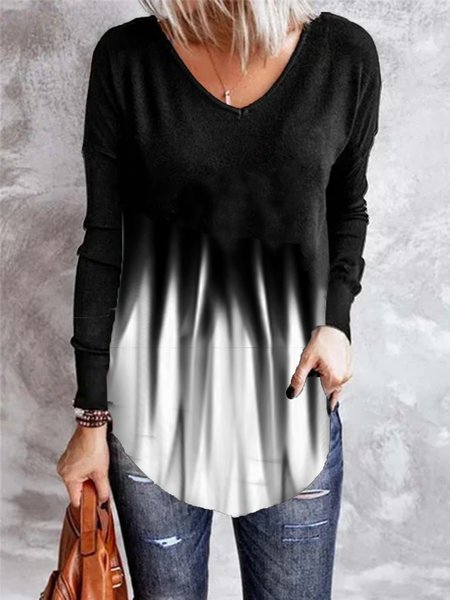 

Ombre/Tie-Dye V Neck Casual Shirts & Tops, Black, T-Shirts