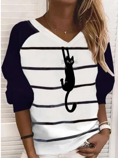 

Cute Cat Casual V Neck Long Sleeve Shirts & Tops, White, Tops