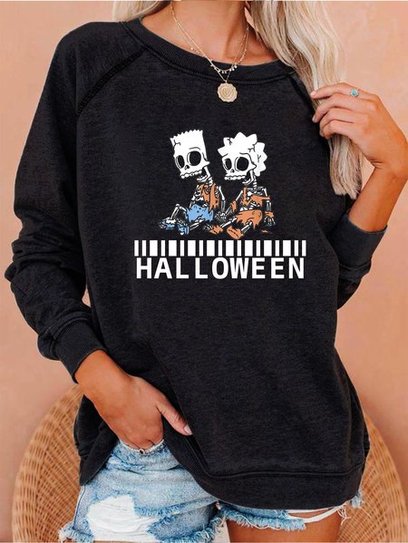 Casual and simple Halloween skull print round neck long-sleeved polyester cotton sweatshirt, Black, Hoodies&Sweatshirts