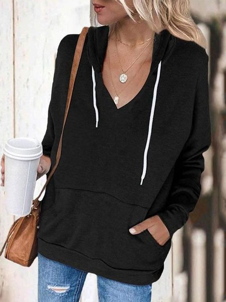 

Casuale Scollo a V Solido Maniche Lunghe Felpa, Nero, Hoodies & Sweatshirts