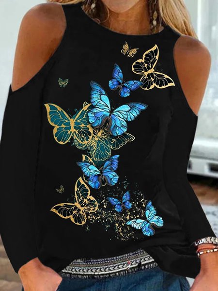 

Casual Long Sleeve Round Neck Plus Size Printed Tops T-shirts, Black, T-Shirts