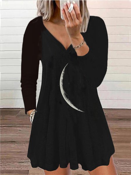 

Casuale Stampato Maniche Lunghe Scollo a V Abito, Nero, Mini Dresses