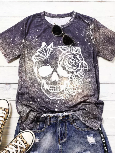 

Casual and simple skull gradient print round neck short-sleeved polyester cotton T-shirt, As picture, T-shirts