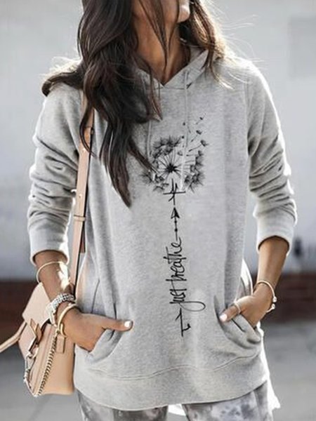 

Gray Hoodie Printed Pockets Casual Long Sleeve Sweatshirt, Hoodies & Sweatshirts