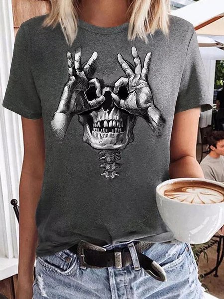 Casual and simple Halloween skull print round neck short-sleeved cotton T-shirt, Gray, T-shirts