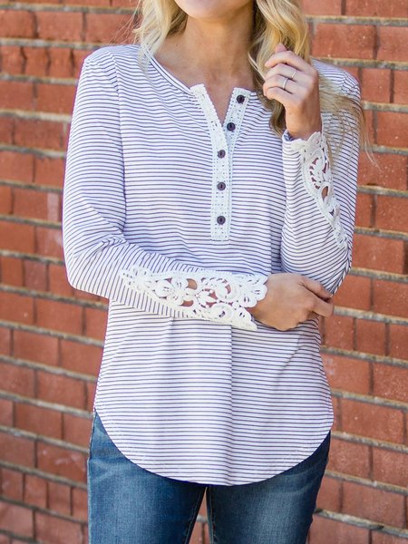 

Casual Holiday Stripe Lace-cut Round Neck T-Shirts, White, Auto-clearance
