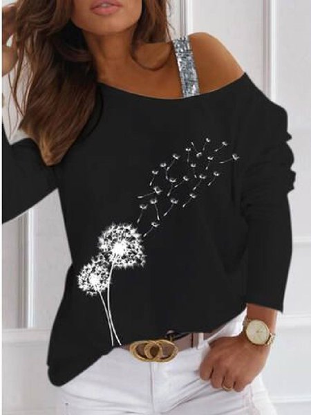 

Casual Cold Shoulder Floral-Print Shirts & Tops, Black, T-Shirts