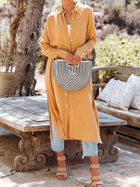 

Casual Holiday Solid Color Shirt Collar Long Sleeve Shirt Outerwear, Yellow, Outerwear