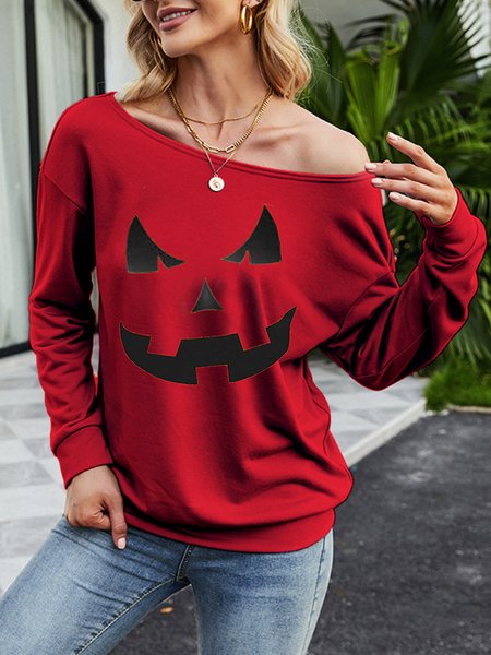 

Halloween Pumkin Off Shoulder Long Sleeve Sweatshirt, Red, Hoodies&Sweatshirts