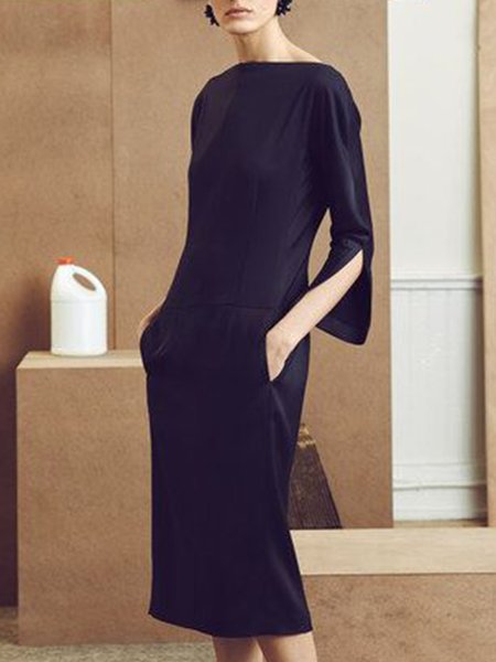 

Vintage Plain Crew Neck Shift Dress, Black, Midi Dresses