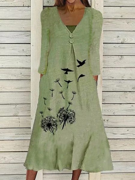 

A-Line Long Sleeve Cotton-Blend Knitting Dress, Green, Dresses