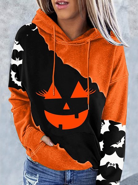 

Halloween Bat Pumpkin Print Women's Long-sleeved Hoodie, As picture, Hoodies&Sweatshirts