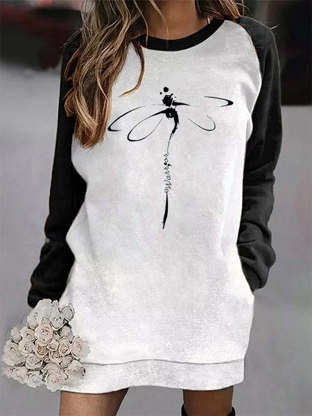 

Printed Long Sleeve Casual Crew Neck Dresses, As picture, Dresses