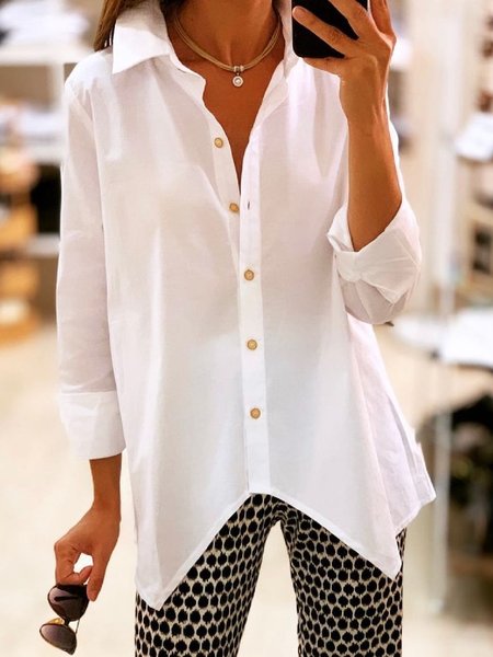 

Casuale Solido Camicia Maniche Lunghe Collo Top, Bianco, Blouses & Shirts
