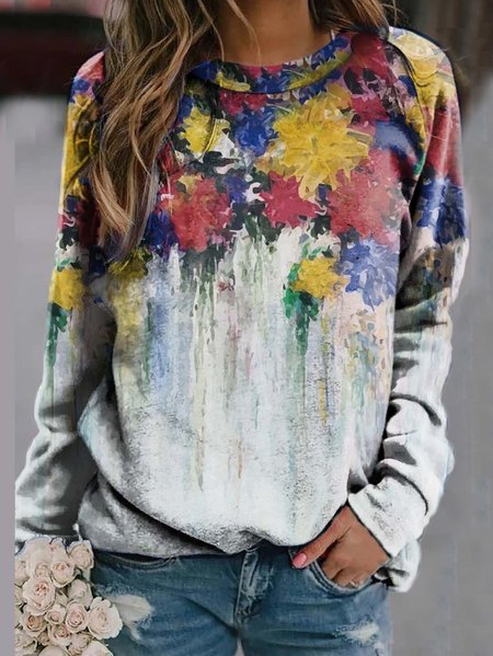 Floral Print Casual Ladies crew Neck Pullover & Sweatshirts, As picture, Hoodies&Sweatshirts