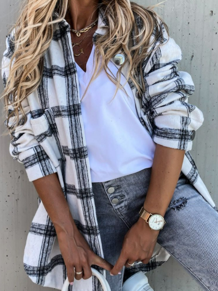 New long sleeved Plaid Shirt Medium Length coat, White, Outerwear