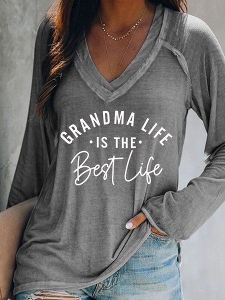 

Grandma life is the best life. Casual and simple V-neck long-sleeved cotton blend top, Gray, Hoodies&Sweatshirts