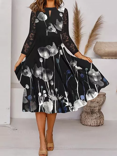 

taglia grande Maniche Lunghe Floreale Abito, Nero, Midi Dresses