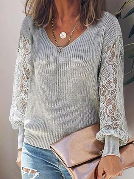 

Plus size Casual Lace Long Sleeve Sweater, Gray, Knitwear & Sweaters