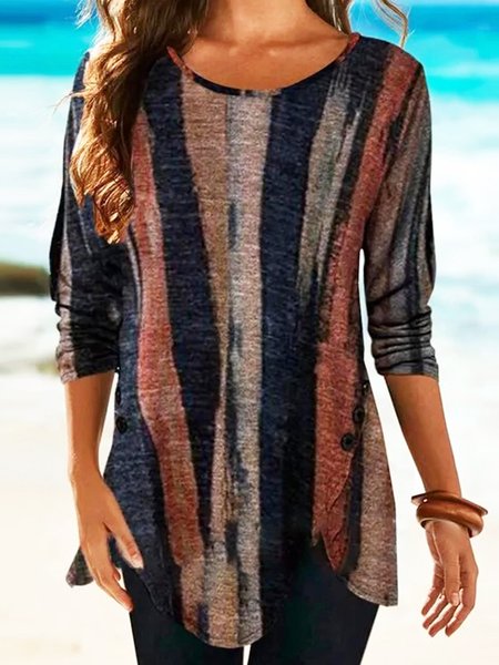 

Marrone strisce Stampato Casuale Maniche Lunghe Dritto Top, Blouses & Shirts