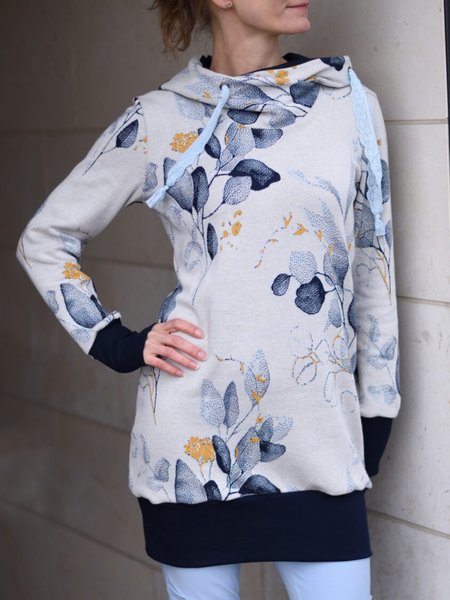 

Vintage Leaves Floral Printed Paneled Long Sleeve Hoodie Plus Size Casual Sweatshirts, Multicolor, Hoodies & Sweatshirts