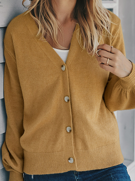 

New V-neck solid color long sleeve warm cardigan wool coat, Brown, Outerwear
