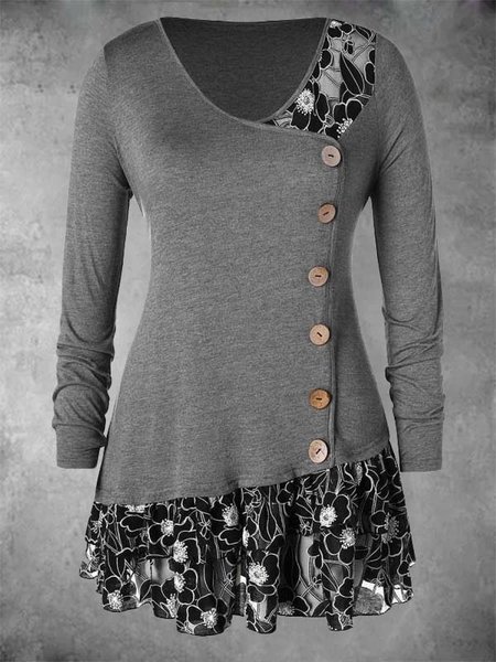 

Crew Neck Long Sleeve Casual Printed Shirts & Tops, Gray, T-Shirts