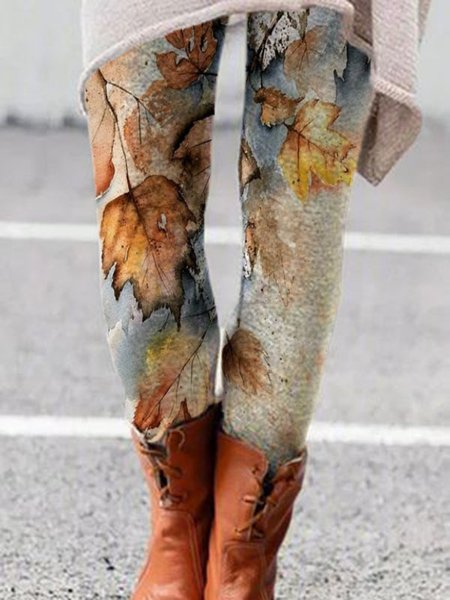 

Casual Leaves Printed Sheath Leggings, Light brown, Leggings