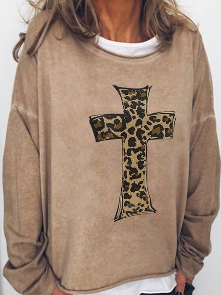 

Leopard Cross Long Sleeve Casual Cocoon Sweatshirt, Light camel, Hoodies&Sweatshirts