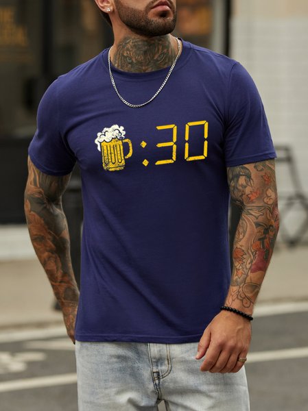 

Casual and simple beer fun printed round neck short-sleeved cotton T-shirt, Purplish blue, T-shirts