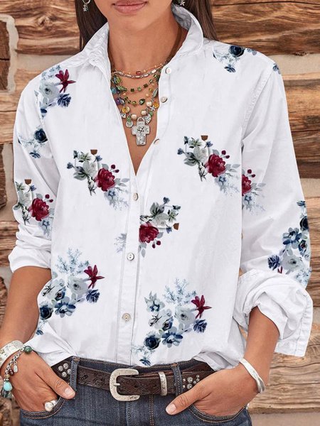 

Long Sleeve Casual Floral Shirts & Tops, White, Shirts & Blouses