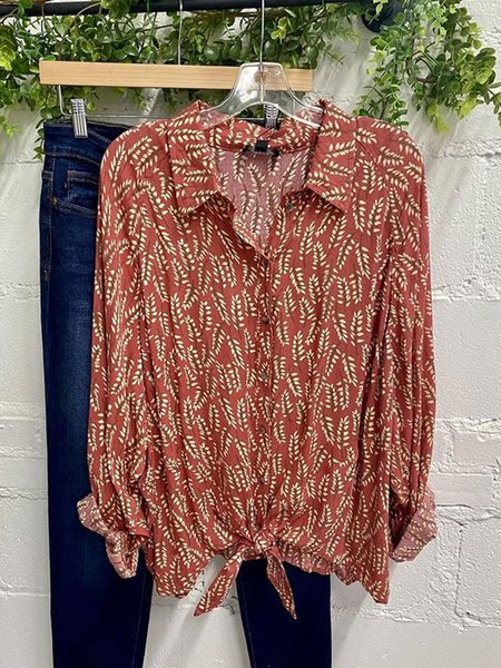 

Leaves Long Sleeve Shirt Collar Blouse, Red, Blouses & Shirts