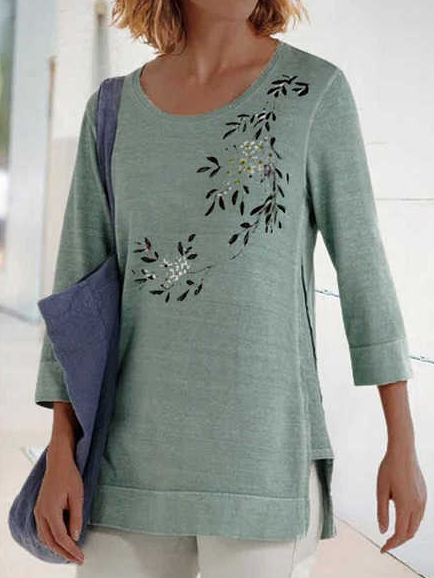 

Casual Cotton-Blend Floral 3/4 Sleeve Sweatshirt, Green, Long sleeve tops