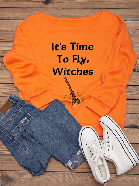 

It's Time To Fly Witches Crew Neck Casual Long Sleeve Sweatshirt, Orange, Hoodies&Sweatshirts