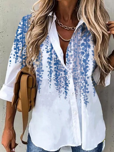 

Long Sleeve Shirt Collar Printed Shirts & Tops, White, Shirts & Blouses