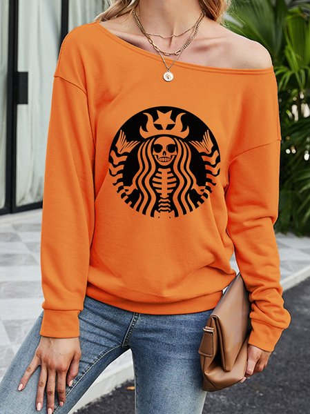 

Spooky Skeleton Ladies Print Long Sleeve Pullover, Orange, Hoodies&Sweatshirts