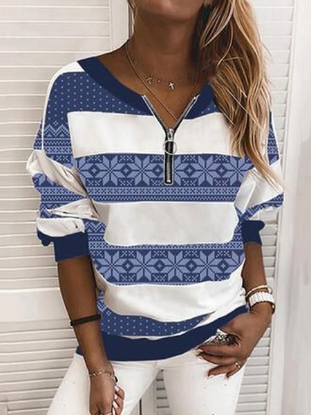 

Blue Tribal Printed Zipper Shift Round Neck Casual Long Sleeve Sweatshirt, Hoodies & Sweatshirts