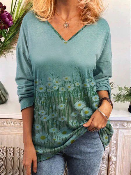 

Maniche Lunghe Dritto Scollo a V Misto Cotone Top, Verde, T-Shirts