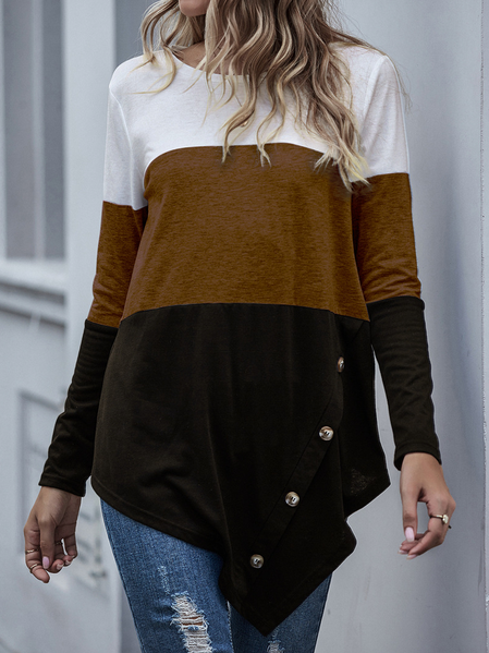 

Vintage Plain Crew Neck Cotton Shirts & Tops, Brown, Long sleeve tops